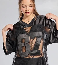 Sporty Chic Lace V-Neck 87 Graphic Jersey Top