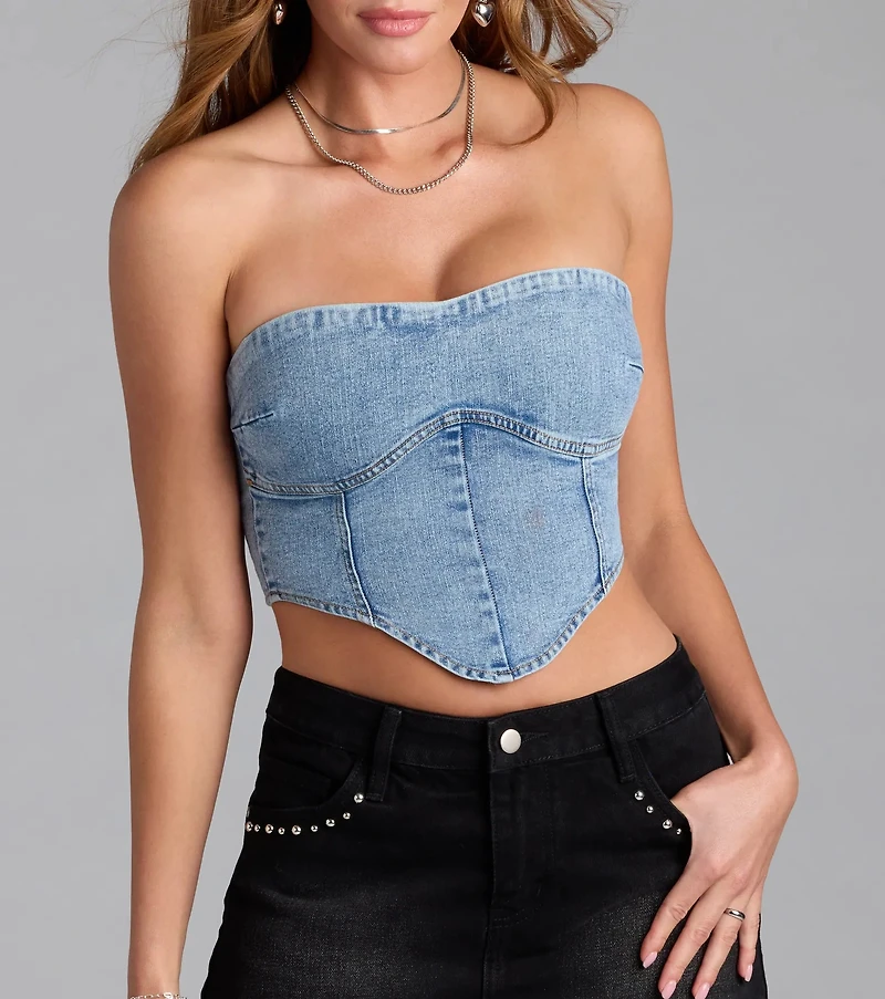 Trendy Girl Denim Strapless Corset Crop Top