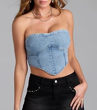 Trendy Girl Denim Strapless Corset Crop Top