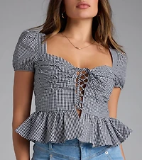 Major Sweetie Gingham Lace-Up Peplum Crop Top