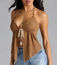 Coastal Destination Halter Tie-Front Crop Top