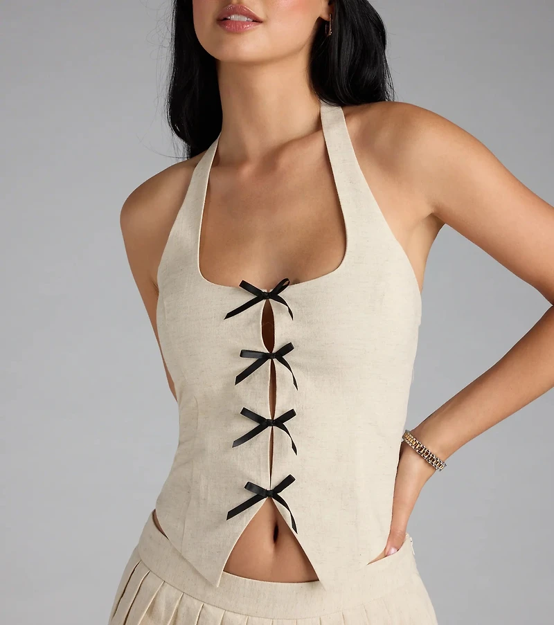 Adorably Chic Bow-Trim Linen Halter Top