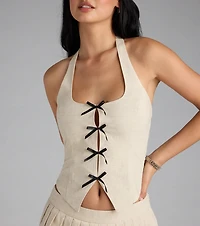 Adorably Chic Bow-Trim Linen Halter Top