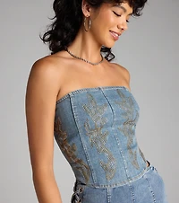 Too Hot To Handle Beaded Denim Corset Top