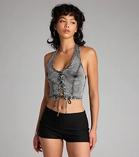 Laced Up And Unbothered Halter Denim Crop Top
