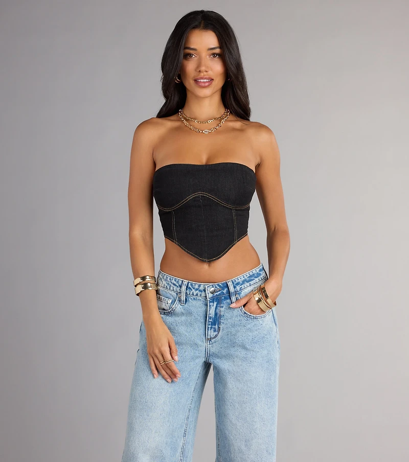 Trendy Girl Denim Strapless Corset Crop Top