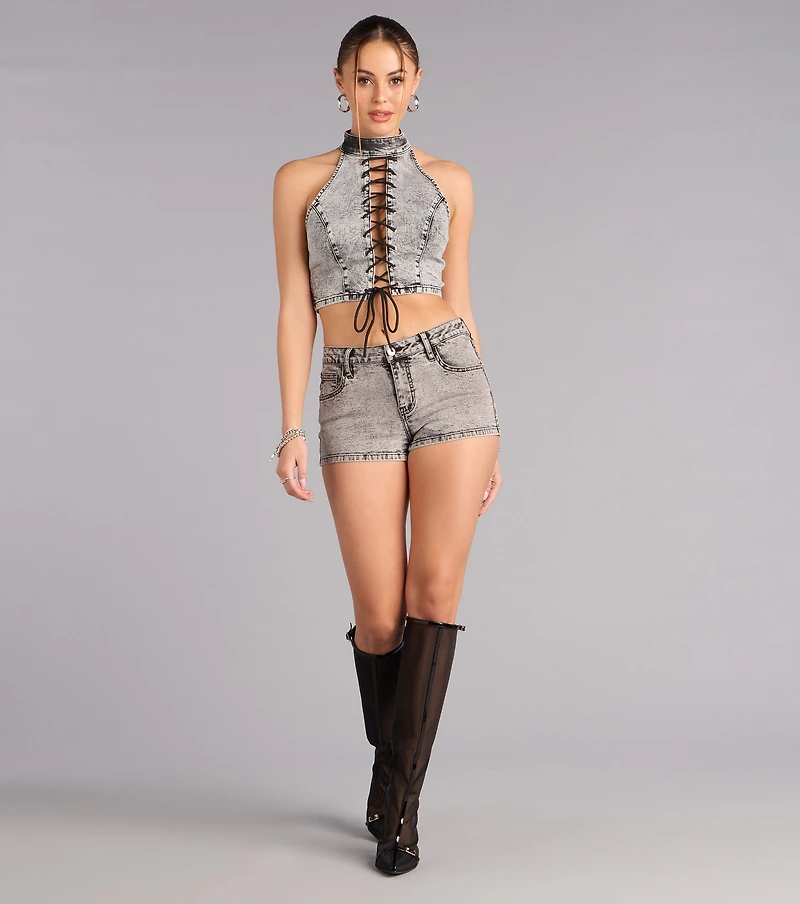Confidence On Cue Lace-Up Denim Crop Top