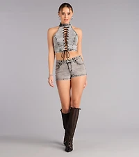 Confidence On Cue Lace-Up Denim Crop Top