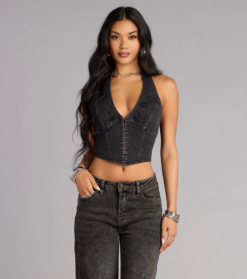 Dark Rose Drama Denim Halter Top