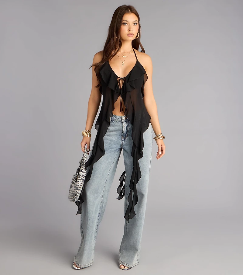 Effortless Allure Tie-Front Ruffle Top