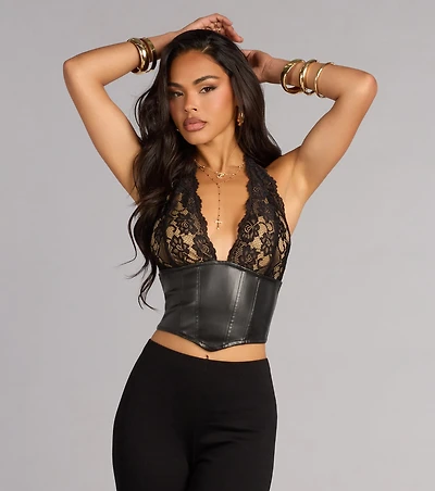 Midnight Mood Lace And Faux Leather Corset Top