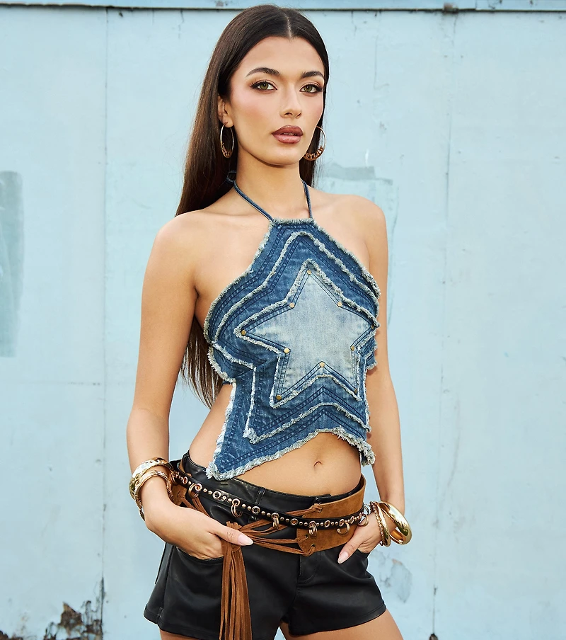 Star Of The Show Denim Halter Top