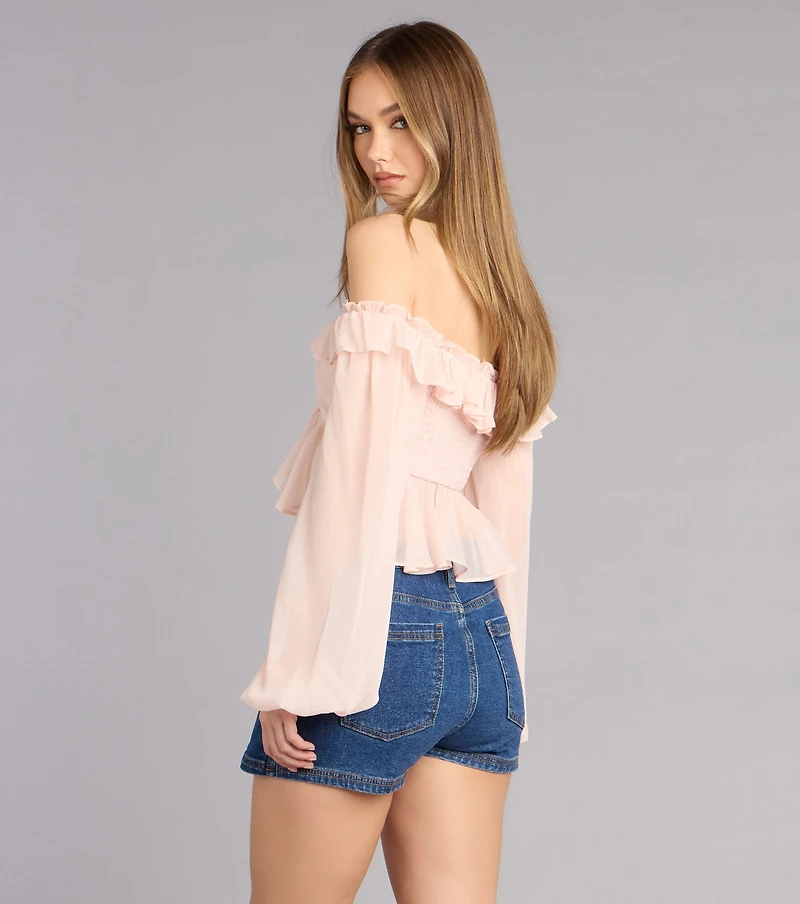 Soft Romance Ruffle Off-The-Shoulder Crop Top