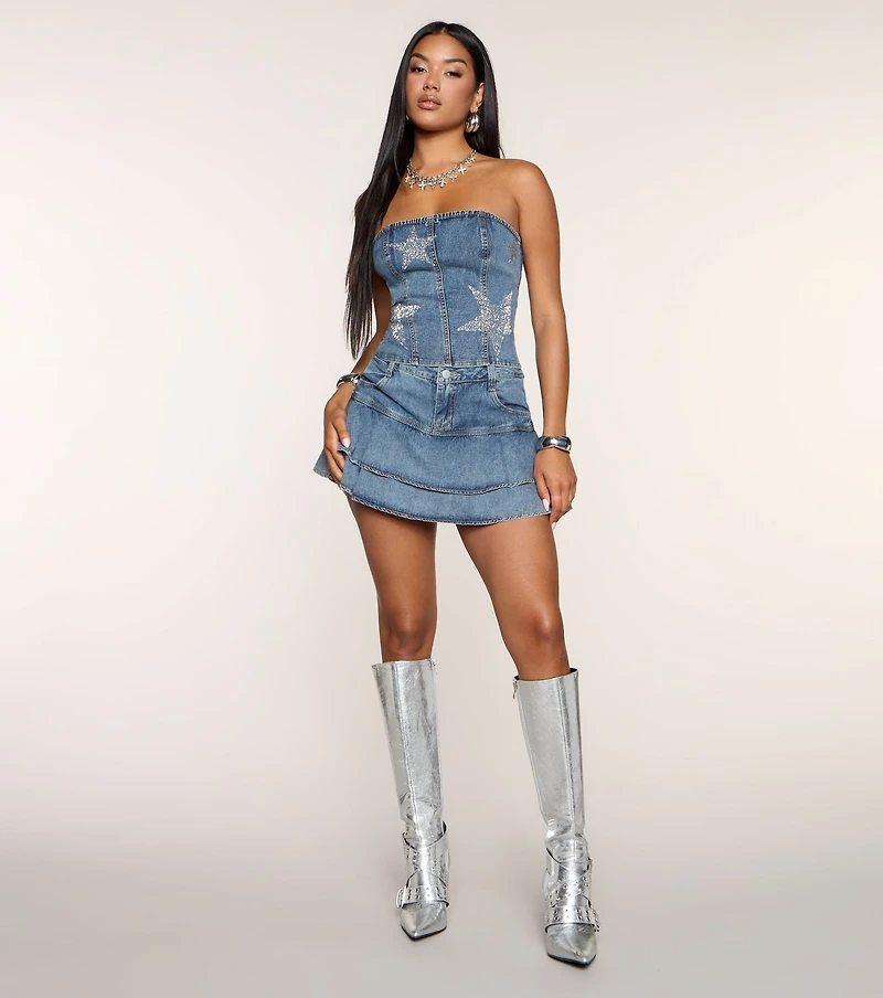 Nightfall Star Rhinestone Lace-Up Denim Top