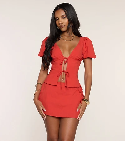 Cute Plans Puff Sleeve Tie-Front Top