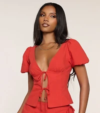 Cute Plans Puff Sleeve Tie-Front Top