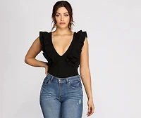 Ruffle It Up Deep V Neck Bodysuit