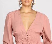 Stylishly Smocked Button Down Blouse