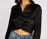 Satin Twist Front Collared Crop Top