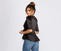 Satin Puff Sleeve Peplum Top