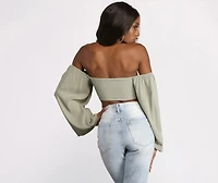 Long Sleeve Gauze Tie Front Crop Top