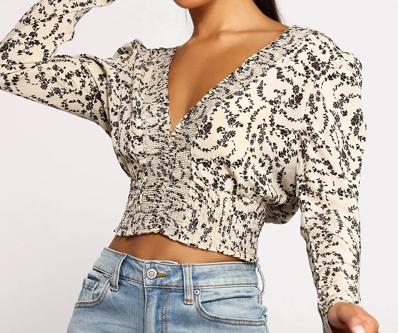 Sweet Intentions Smocked Knit Floral Crop Top
