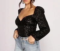 All that Glow Puff Sleeve Sequin Bodysuit