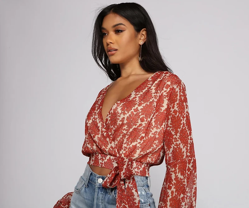 Fall Floral Wrap Front Crop Top