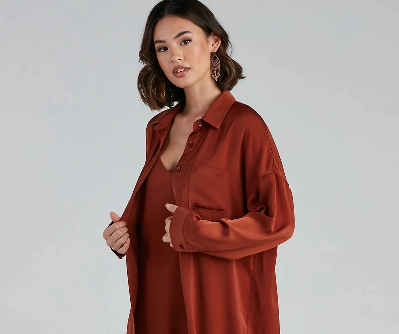 Weekend Chic Satin Button-Front Tunic