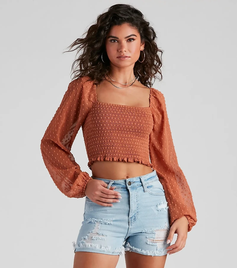 Trendy Swiss Dot Smocked Crop Top