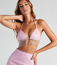 Sexy Shimmer Rhinestone Faux Leather Halter Bra