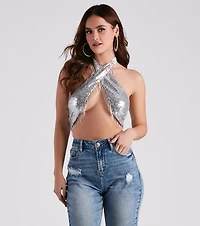 Disco Babe Sequin Fringe Halter Top