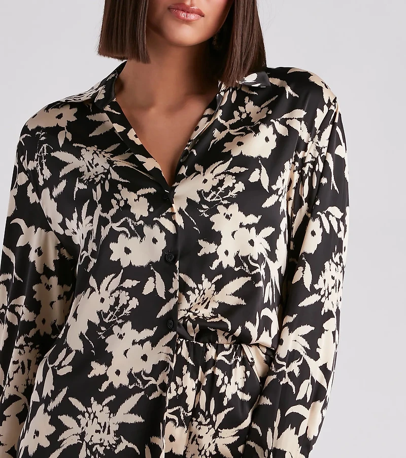 Major Muse Floral Satin Button-Down Top