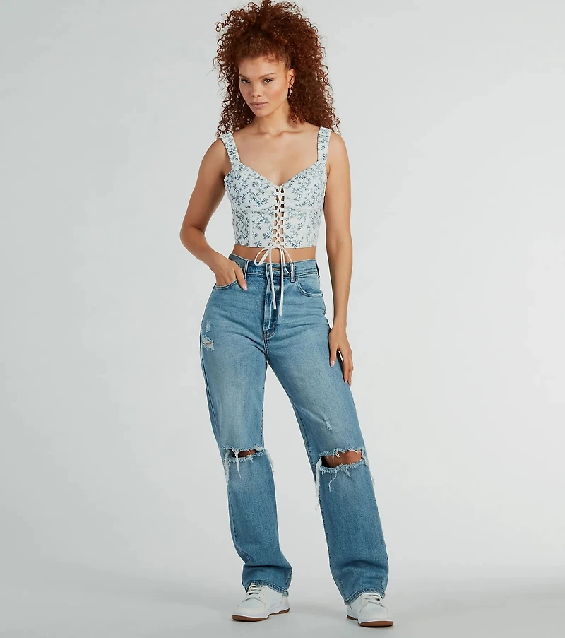 Simply Sweet Lace-Up Floral Woven Corset Top