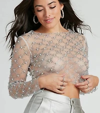 Details Matter Rhinestone Faux Pearl Mesh Crop Top