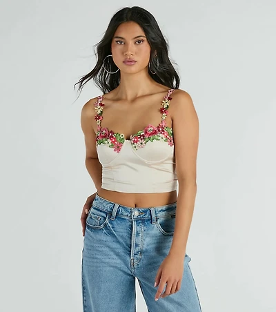 Flourish Style Floral Applique Satin Crop Top
