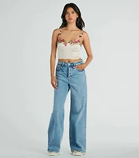 Flourish Style Floral Applique Satin Crop Top