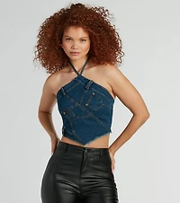 Givin' Looks Halter Patchwork Denim Crop Top