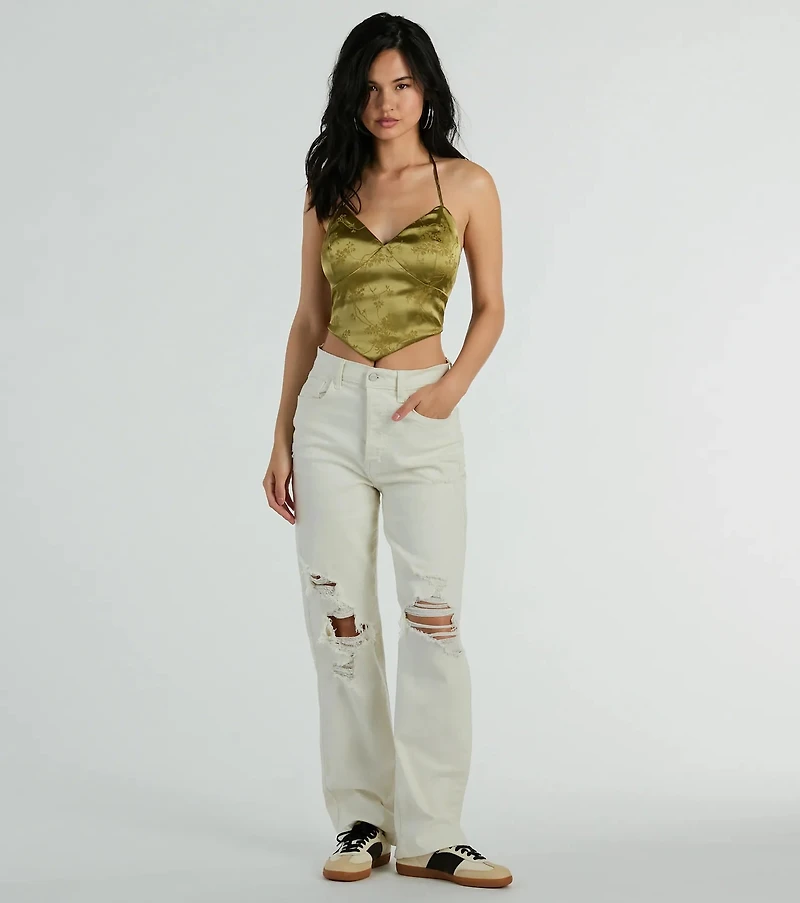 Romantic Effect Halter Tie Back Floral Satin Top