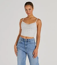 Little Moment For Faux Pearl Rhinestone Crop Top