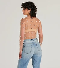 Flirty Floral Rhinestone Pearl Sheer Mesh Crop Top