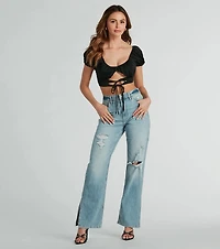 Around Town Puff Sleeve Tie-Front Satin Crop Top