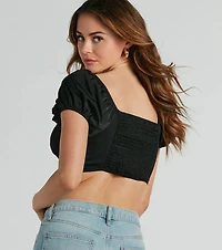 Around Town Puff Sleeve Tie-Front Satin Crop Top