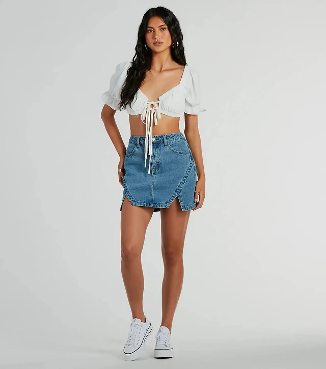 ae collared puff sleeve tie front denim mini dress Denim Puff Sleeve Mini Dress with Front Tie Detail, L