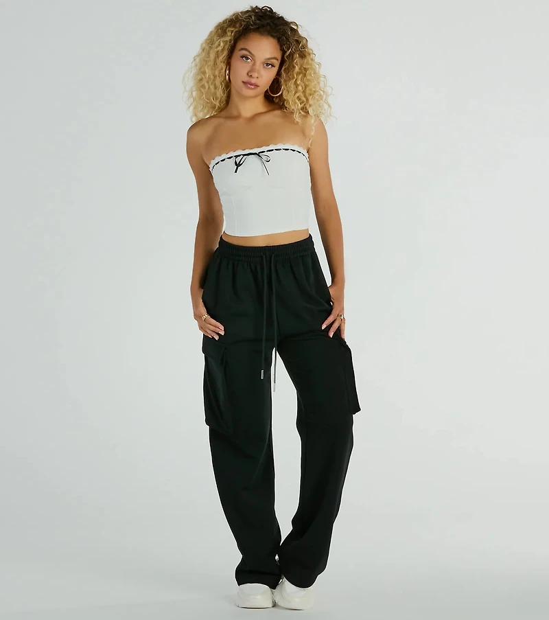 Falling For You Strapless Lace Ribbon Crop Top