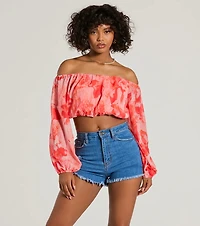 Sunset Beauty Off-The-Shoulder Marble Chiffon Crop Top