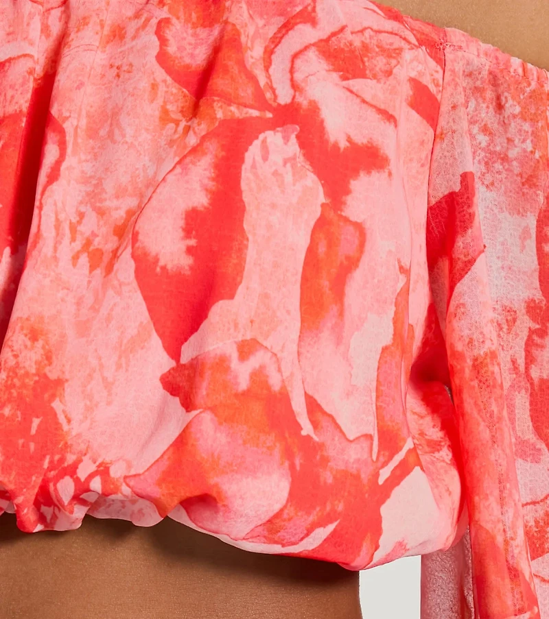 Sunset Beauty Off-The-Shoulder Marble Chiffon Crop Top