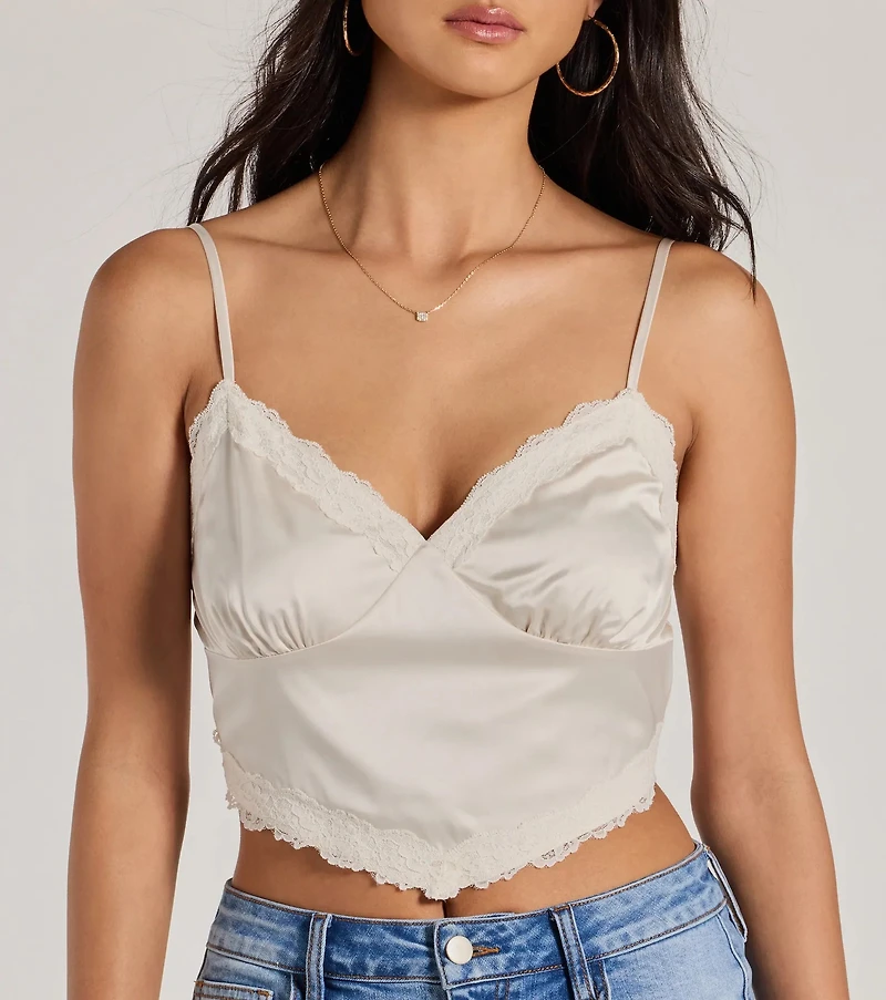Romance The Air Lace Trim Satin Cami Crop Top