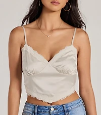 Romance The Air Lace Trim Satin Cami Crop Top