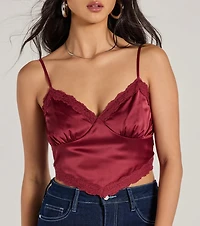 Romance The Air Lace Trim Satin Cami Crop Top